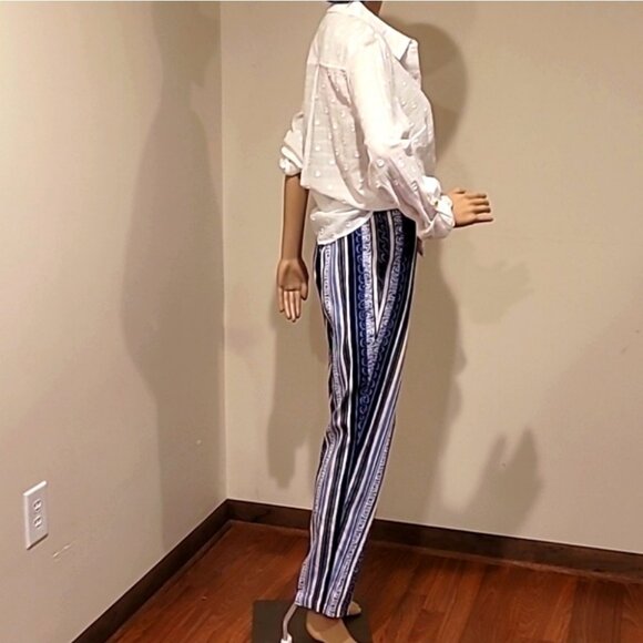 Blue & White Striped Pattern High-Waisted Lightweight Pants Womens Size M - Picture 7 of 14
